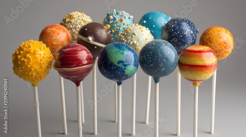 Delicious planet cake pops display with colorful space-themed dessert treats, festive cosmic candy decorations, galaxy inspired sweet table arrangement, playful party food concept with copy space