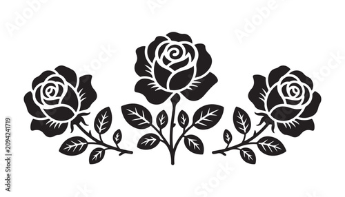 Obraz na płótnie Decorative rose flower silhouette with two smaller roses on each side vector illustration
