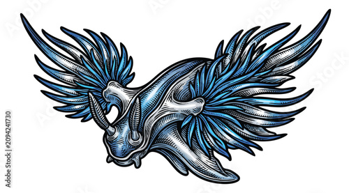 Obraz na plátně Metallic blue winged creature with intricate tribal design
