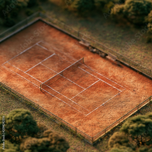 Miniature isometric 3D model of a red clay tennis court surrounded by green trees