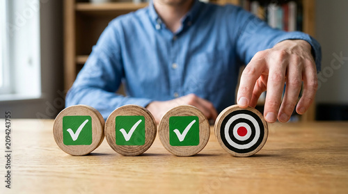 Goal Achieved: A man places a target symbol on a wooden block next to three completed checklist items, signifying the successful completion of a goal or task in a business setting.