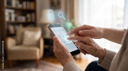 Elderly mobile payment security Elderly person using a smartphone with digital security and health icons.