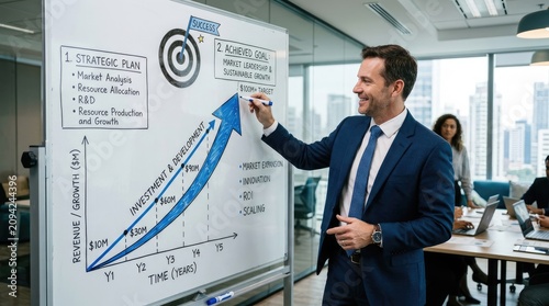 A smiling businessman is presenting a strategic plan on a whiteboard. He is pointing to a diagram illustrating market growth and investment.