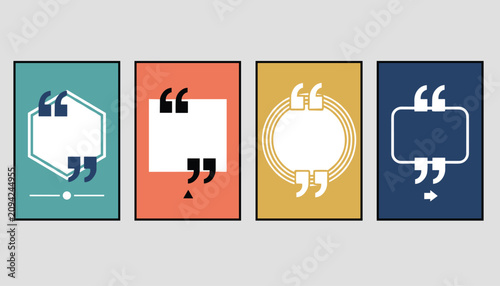 Set of four stylized quote box templates in various retro colors with quotation marks on a solid gray background.
