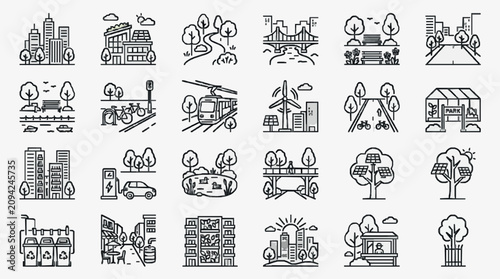 Photos Industrial Black and White Line Art Icons Set Featuring Urban Green Energy Trans