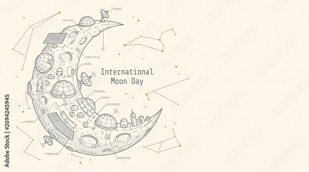 Obraz premium Crescent moon with lunar colony. International Moon Day illustration. Space exploration concept.