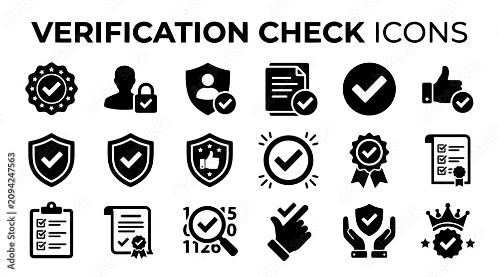 Fototapeta premium A collection of professional black verification check icons for digital security and quality assurance designs.
