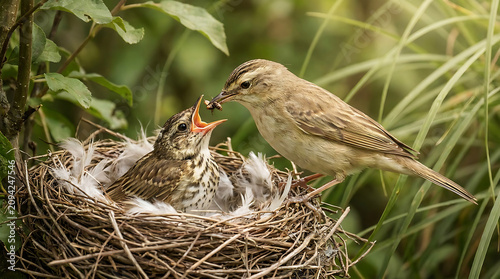 Bird feeding fluffy young in nest, close-up