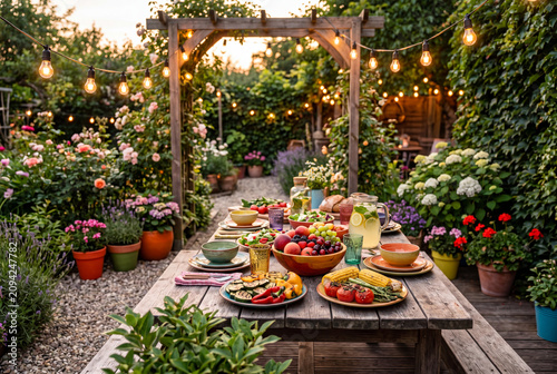 Backyard summer garden party dinner table with string lights