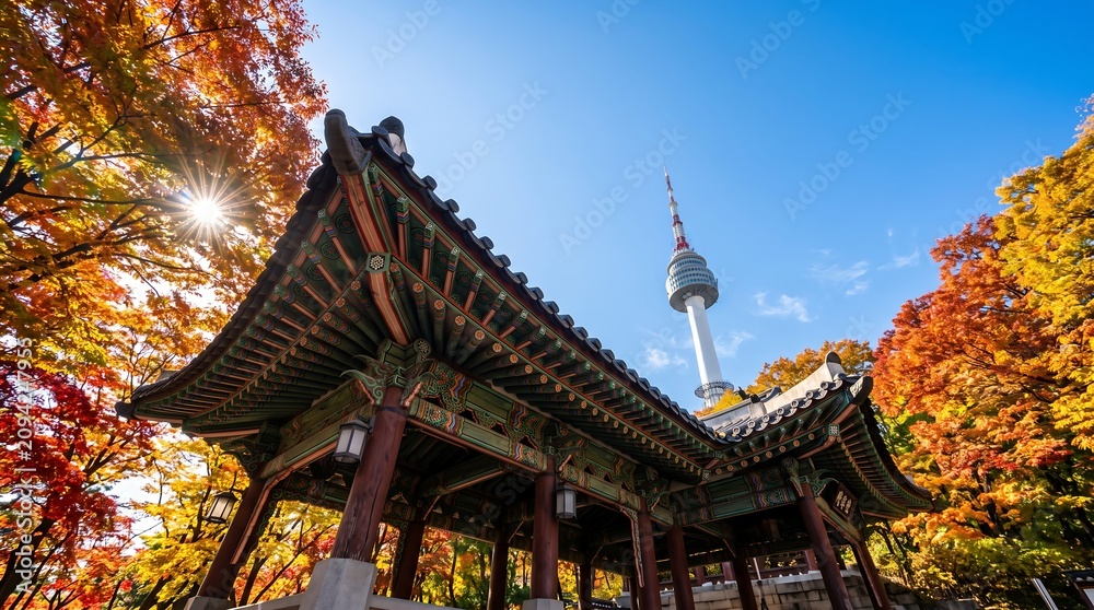 Fototapeta premium N Seoul tower seen through traditional wooden pavilion during bright autumn day at Namsan mountain.