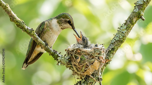 Hummingbird feeding chicks in woven nest, close-up
