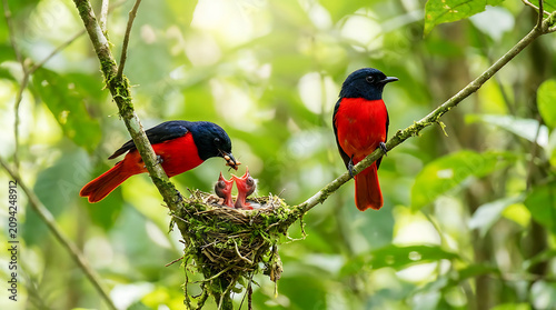 Two colorful birds feeding nestlings in green foliage