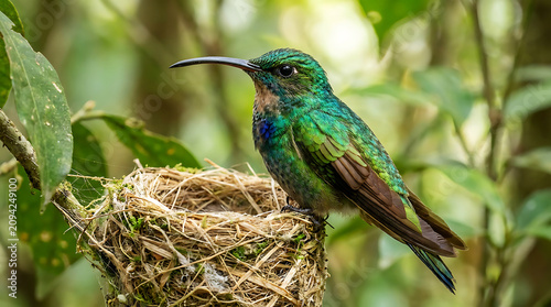 Vibrant hummingbird perched on woven nest in green foliage
