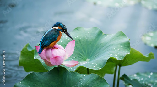 Vibrant kingfisher perched on pink lotus flower