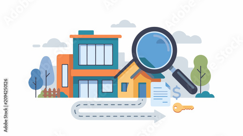 Magnifying glass inspects colorful houses document and key