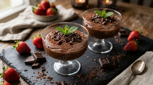 Decadent dark chocolate mousse served in elegant glasses topped with fresh mint and chocolate shavings, a rich dessert.