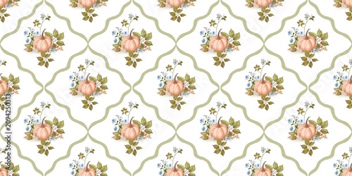 Charming cottagecore pumpkin seamless pattern in damask trellis frames. Vintage botanical texture with pastel pumpkins and blue flowers on white backdrop for Thanksgiving fabric and fall wallpaper. 