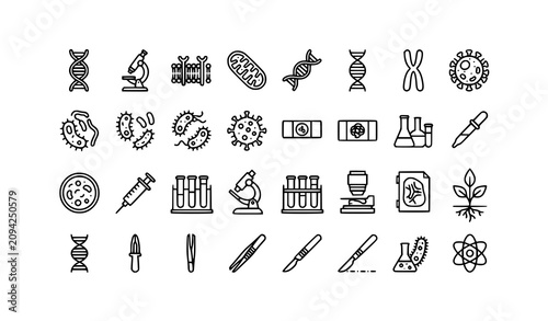 Bild auf Leinwand Biology Sciences Hand Drawn Doodle Icon Set with Laboratory and Genetics Vector