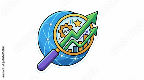 Magnifying glass on globe with growth charts and gears