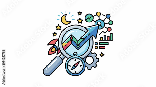 Magnifying glass on rocket launch chart and compass symbolizing success