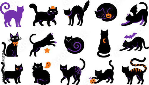 Black cat vector silhouettes with spooky halloween symbols like ghosts moon spiders and pumpkins.