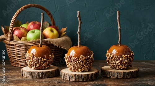 Three Delicious Homemade Caramel Apples with Nut Topping on Rustic Wood Slices and a Basket of Fresh Autumn Harvest Apples on Dark Background