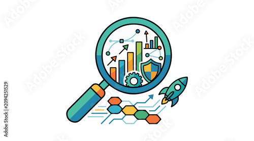 Magnifying glass over charts shield and rocket ship