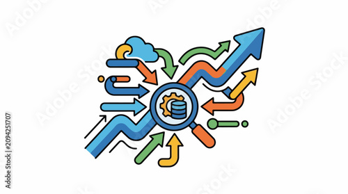 Magnifying glass over data and cloud with arrows showing direction and growth