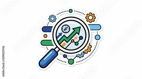 Magnifying glass over graph with gears and compass illustrating analysis