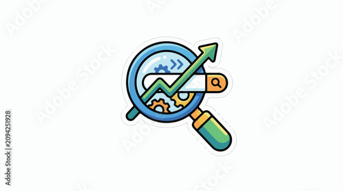 Magnifying glass over search bar with upward trending graph and gears