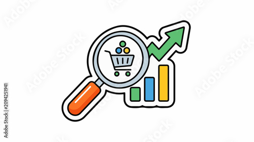 Magnifying glass over shopping cart with rising bar graph