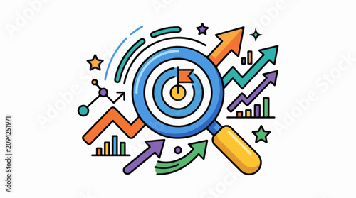 Magnifying glass over target with growing charts and arrows