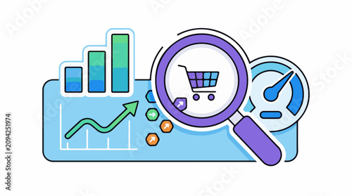 Magnifying glass over shopping cart on graph with meter