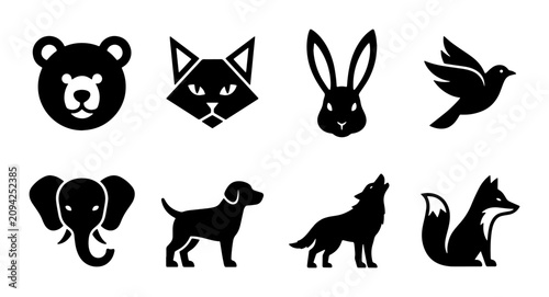 Photography Set of 8 Black Animal Icons, Vector Graphics: Bear, Cat, Rabbit, Bird, Elephant,