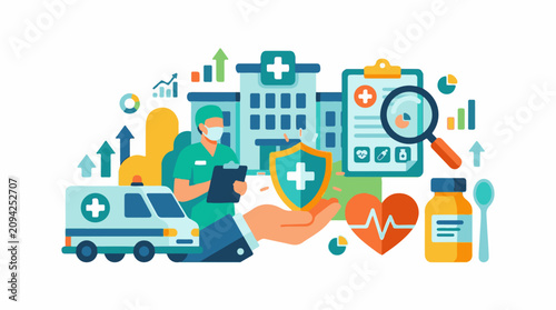 Medical care illustrated with hospital ambulance doctor and health symbols