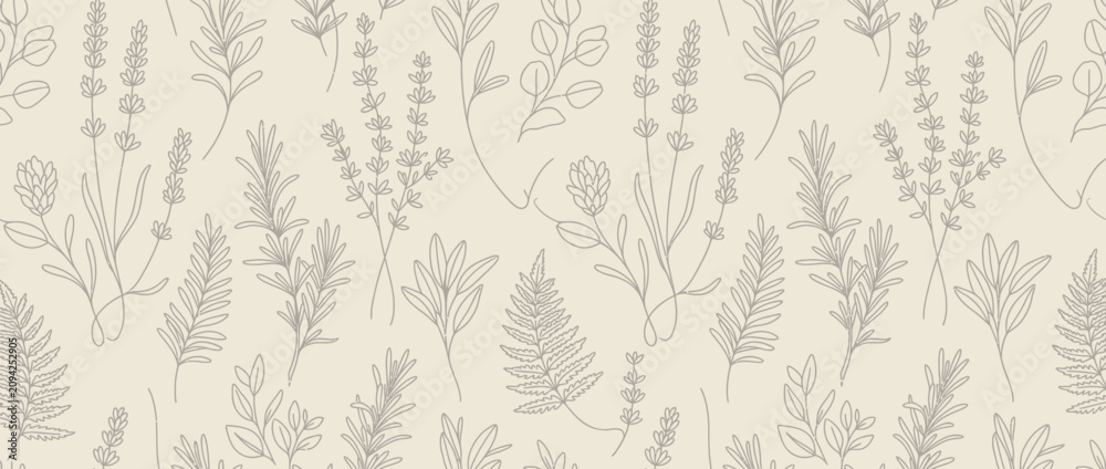 Fototapeta premium Minimalist botanical line art seamless pattern with herbs and lavender