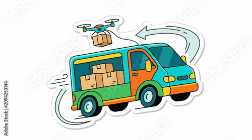 Modern delivery van with drone carrying packages above