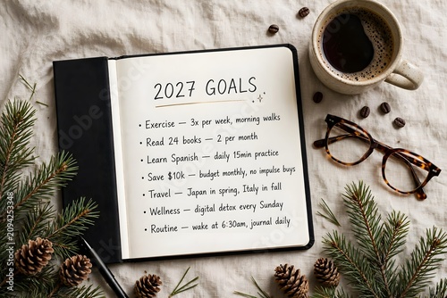 New year goals list with coffee and glasses