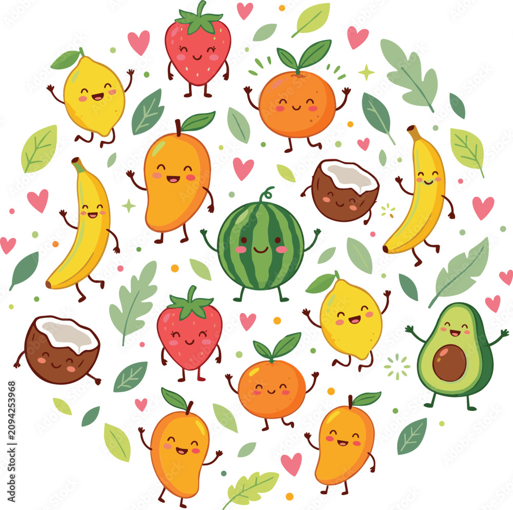 Fototapeta premium Cute kawaii fruits circular composition vector illustration featuring happy smiling cartoon characters strawberry mango banana watermelon avocado isolated on white