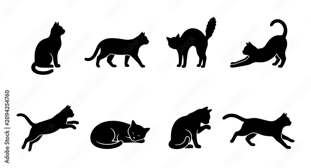 Obraz premium Black Cat Silhouettes Vector Set: Feline Poses, Domestic Animals, Pet Graphics, Cute Kitten Icons