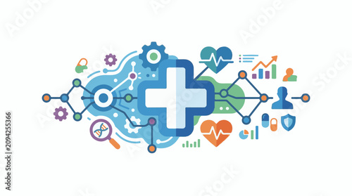 Medical technology icons connected in a network representing healthcare innovation