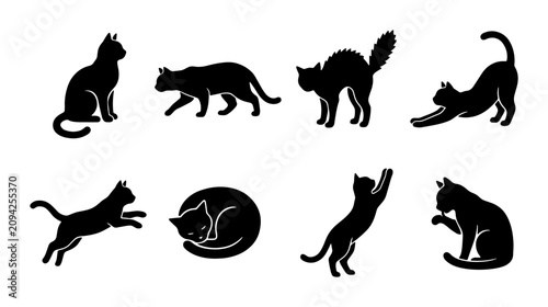 Bild auf Leinwand Black Cat Silhouettes Vector Set: Feline Poses, Domestic Animals, Graphic Elemen