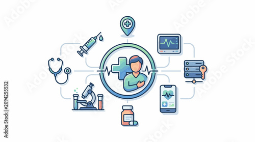 Medical technology icons surrounding a person and cross symbol
