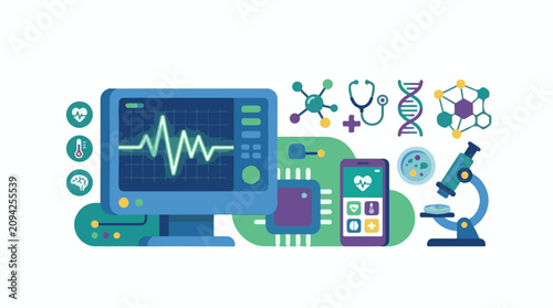 Medical technology icons monitor phone microscope DNA