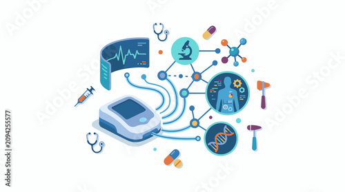 Medical technology illustration with digital elements and diagnostic tools