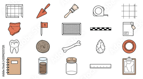 Archaeological excavation tools and artifacts icons