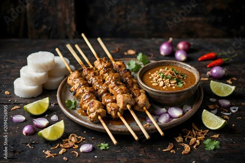 Grilled meat skewers with peanut sauce and accompaniments