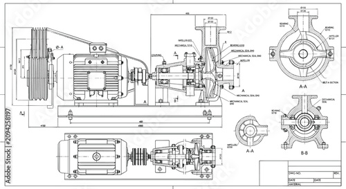 Quadro su tela Industrial Centrifugal Pump Assembly Engineering Drawing with Sectional Views Or