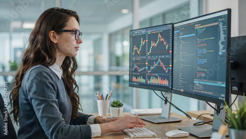 A woman with glasses working in an office, analyzing stock market trends and financial data on dual computer monitors at her desk
