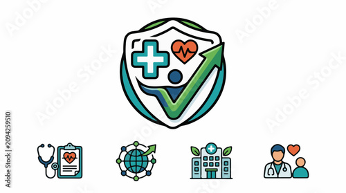 Medical icons including stethoscope globe hospital and doctor